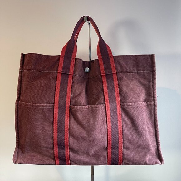 Hermes Vintage Hermès Toile Fourre-Tout MM - Brown/Red - Preowned - Picture 2 of 15